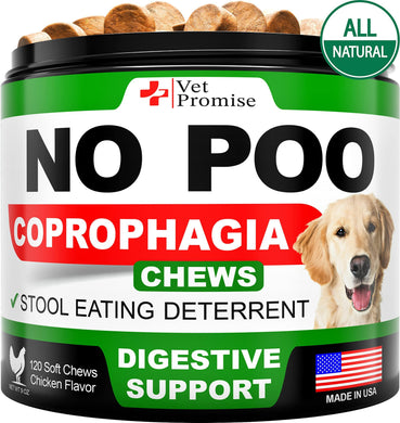 Container of Vet Promise NO POO Coprophagia Chews for dogs with a label indicating natural ingredients and digestive support.