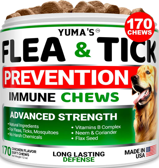 YUMA'S Flea and Tick Prevention for Dogs. Made in USA 170 Chews. Chicken Flavor. For Pet With Love