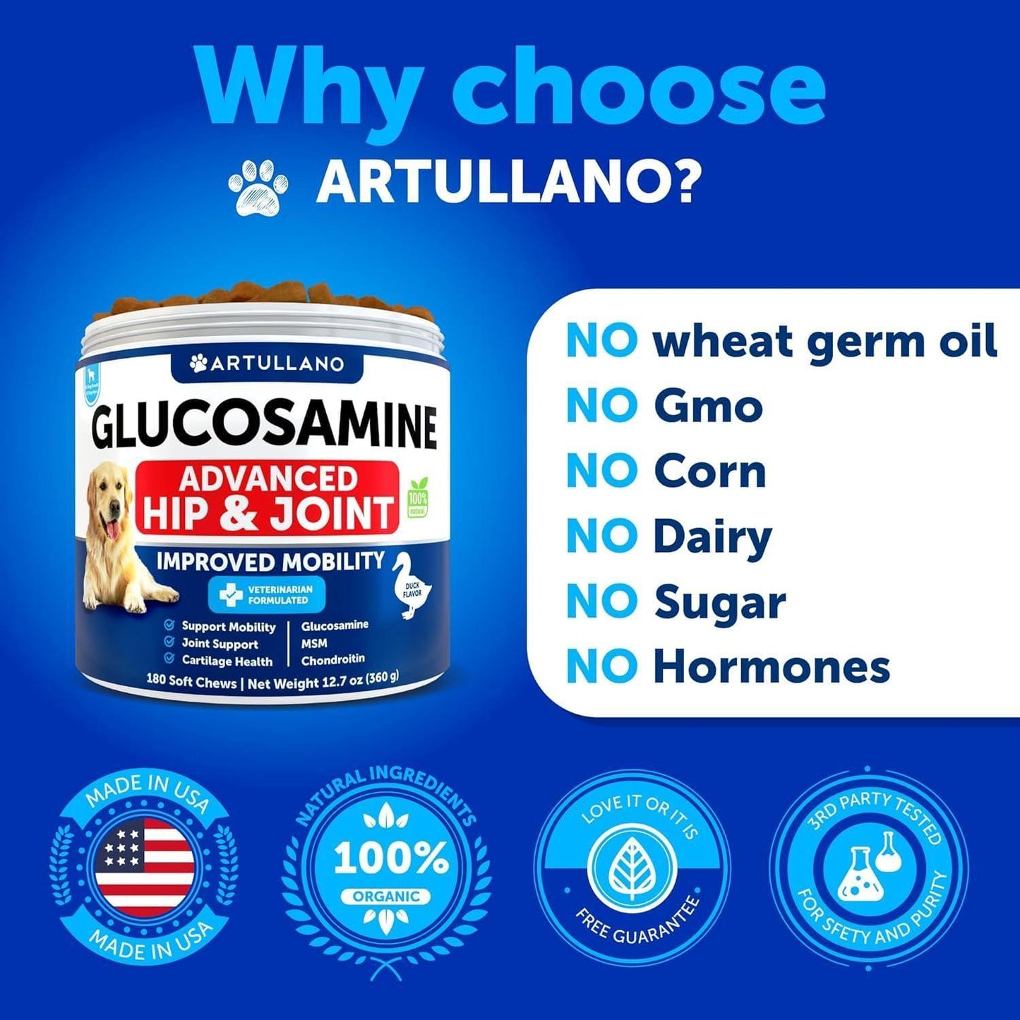 Artullano Glucosamine Hip and Joint Supplement for Dogs w/Chondroitin, Hemp Oil, MSM 180 Chews For Pet With Love