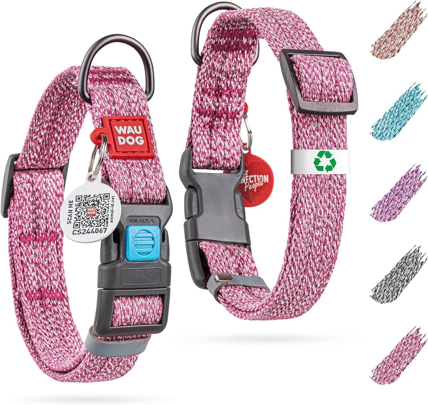 WAUDOG Reflective Cotton Dog Collar with QR ID Tag. Adjustable Eco Friendly Alternative to Nylon Collar. LARGE. Pink. For Pet With Love