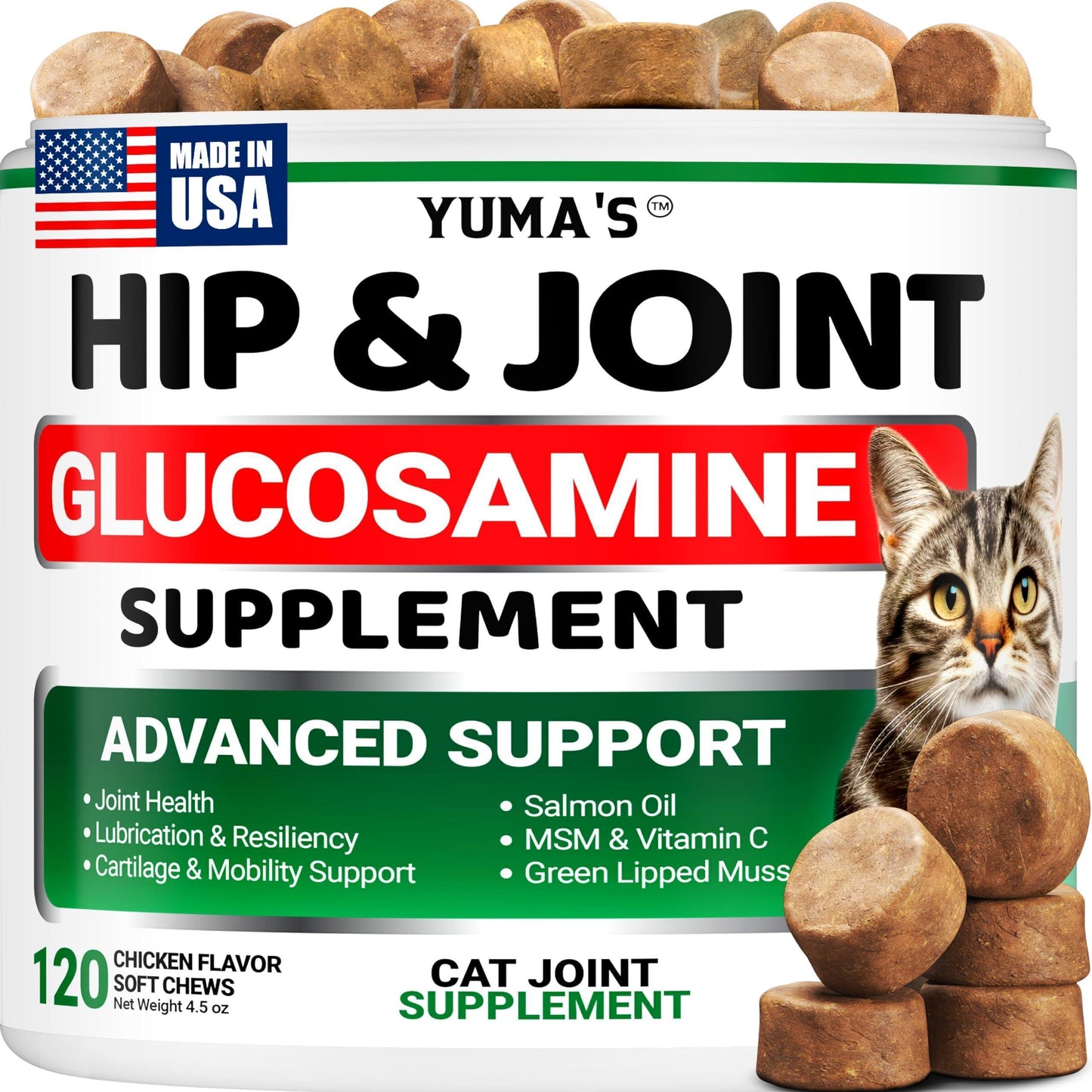 YUMA'S Hip and Joint Supplement for Cats with Glucosamine, MSM, Chondroitin & Omega-3 Salmon Oil. 120 Chews. Chicken Flavor.