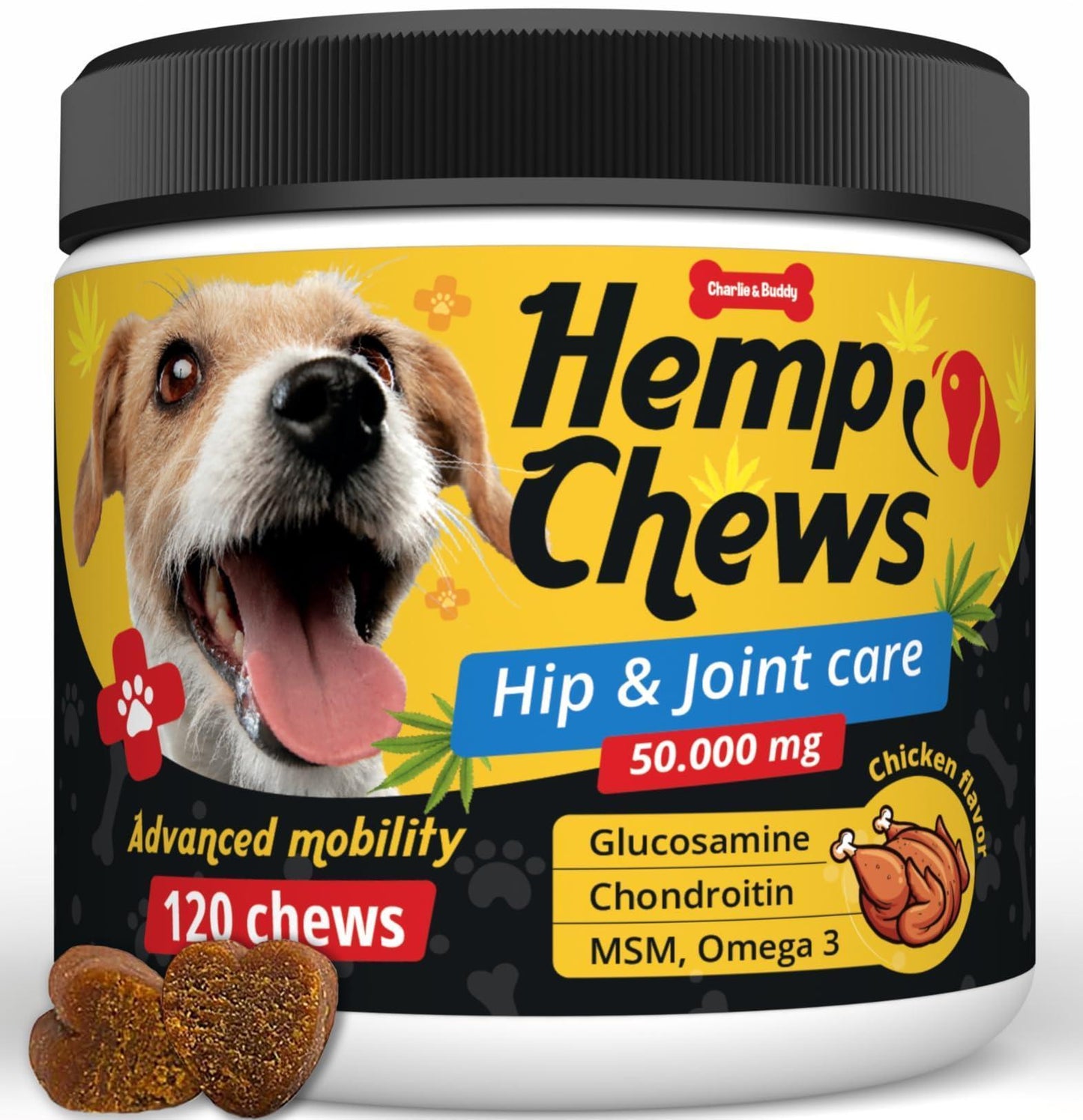 Charlie and Buddy Hemp Dog Hip and Joint Supplement w/Glucosamine Chondroitin 120 Ct For Pet With Love