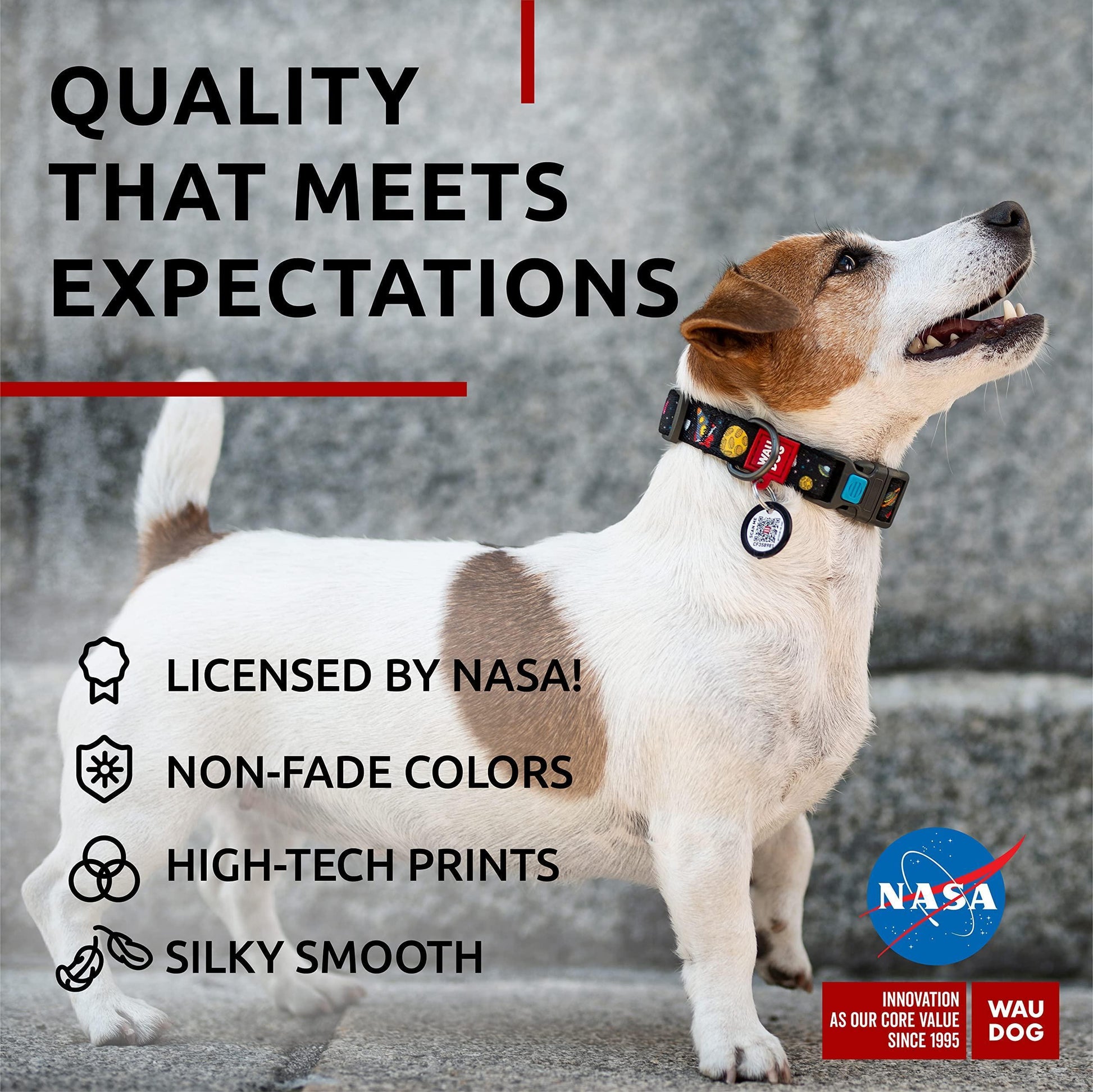 WAUDOG Adjustable Nylon Dog Collar with Durable Plastic Buckle and QR Dog Tag. SMALL (NASA-1 Print) For Pet With Love