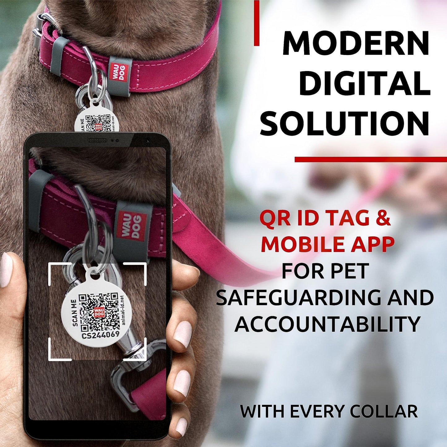 WAUDOG Adjustable Long Lasting Leather Dog Collar with Durable Buckle D Ring & QR Dog Tag. LARGE. Pink For Pet With Love