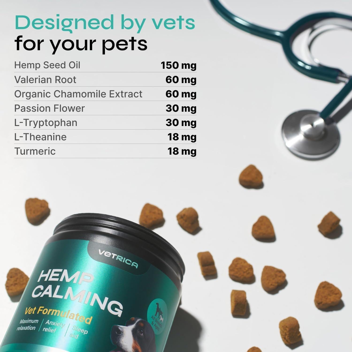 Vetrica Hemp Calming Chews for Dogs w/Chamomile Extract 180 Chews (Beef Flavor) For Pet With Love