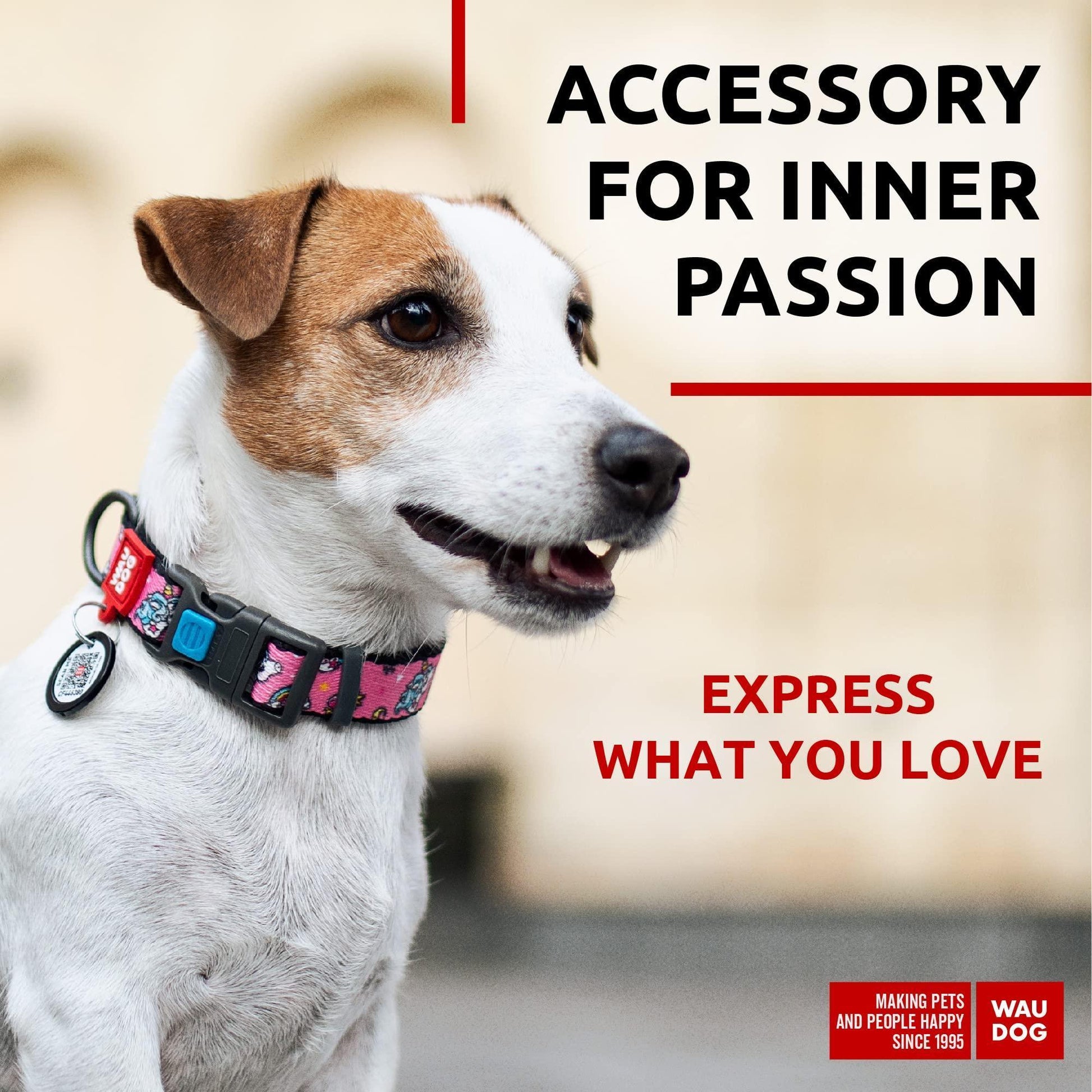 WAUDOG Adjustable Nylon Dog Collar with Durable Plastic Buckle and QR Dog Tag. SMALL (Unicorns) For Pet With Love