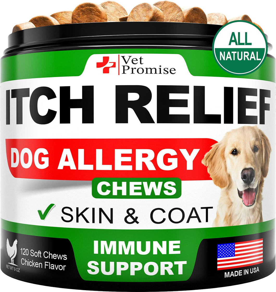 Container of Vet Promise Itch Relief Dog Allergy Chews with a dog on the label.