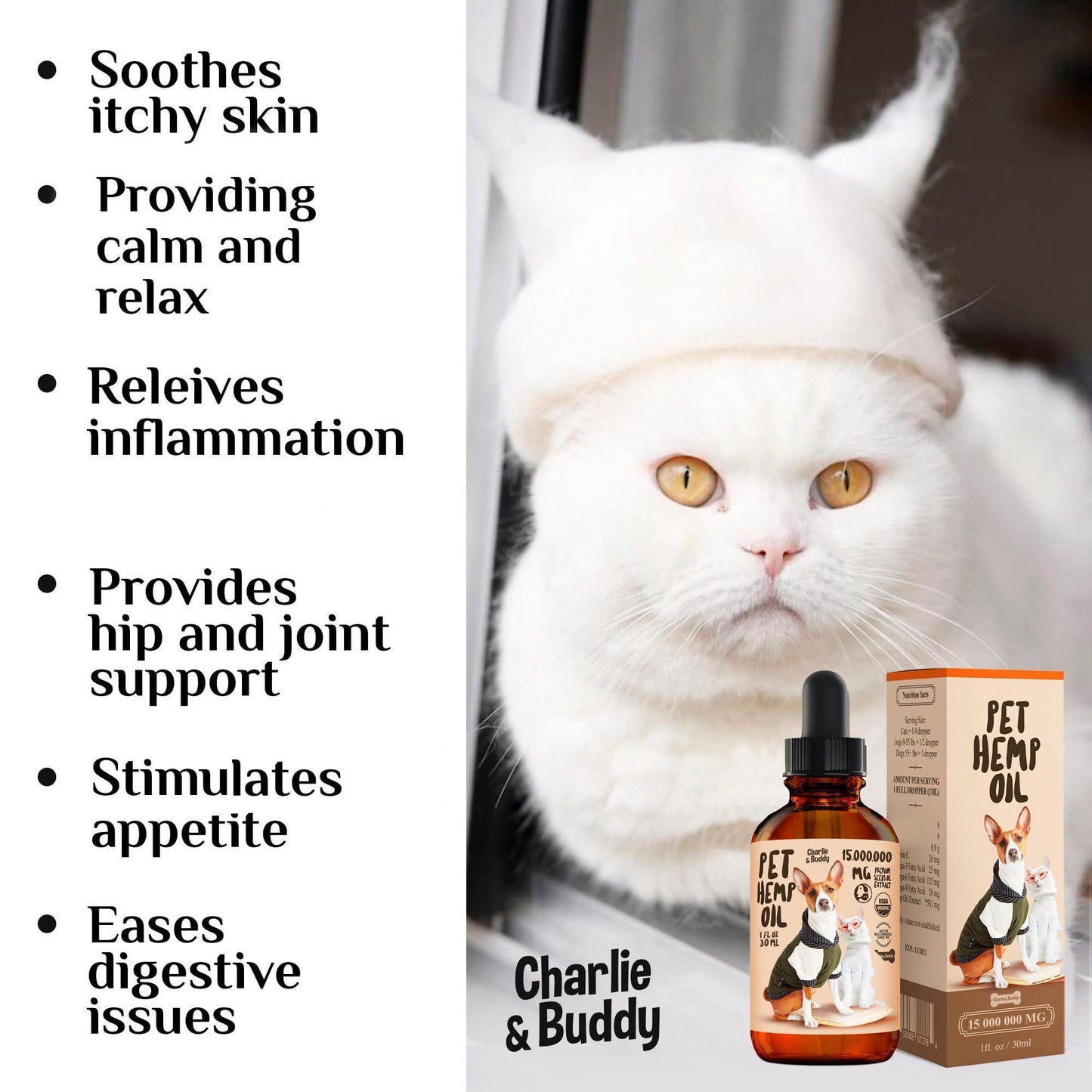 Charlie & Buddy Hemp Oil for Dogs and Cats. Hip and Joint Support and Skin Health Anxiety Calm. Omega 3, 6, 9, and Vitamins B, C, and E For Pet With Love