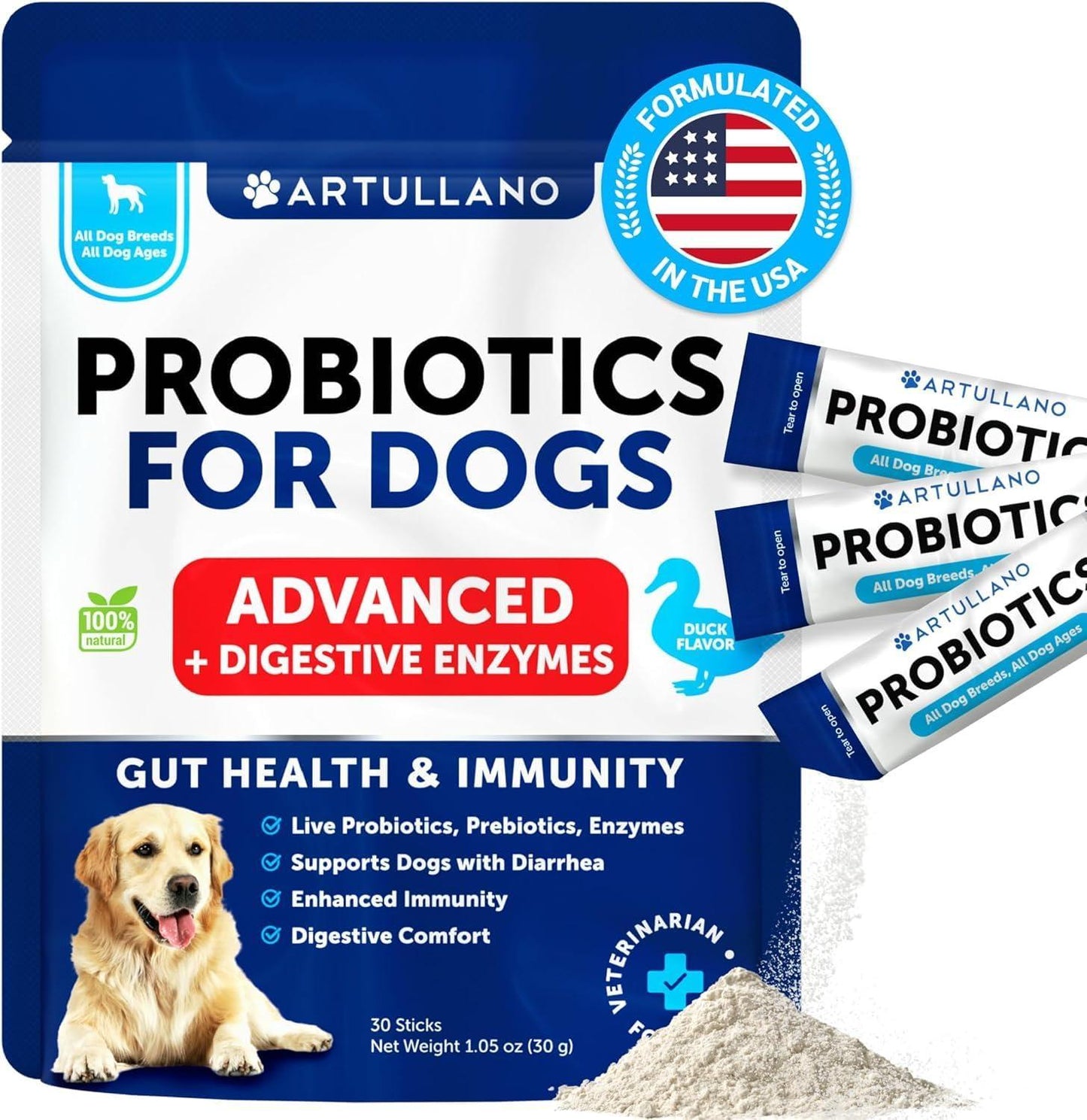 Artullano Probiotics and Digestive Enzymes with Prebiotics for Dogs 30 Powder Sticks For Pet With Love