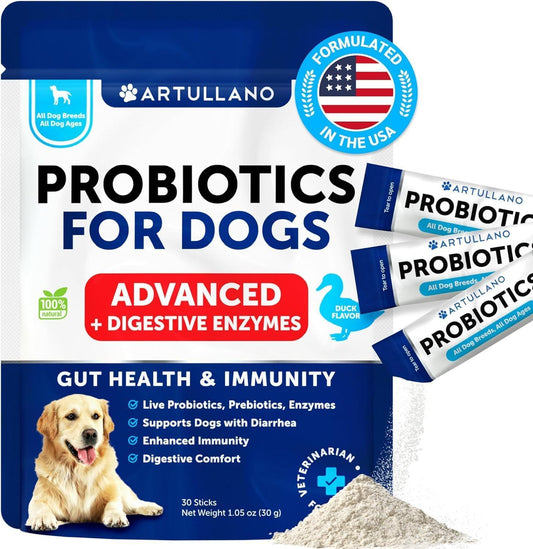 Artullano Probiotics and Digestive Enzymes with Prebiotics for Dogs 30 Powder Sticks For Pet With Love
