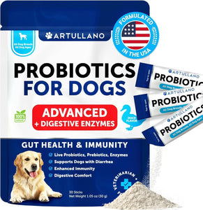 Artullano Probiotics and Digestive Enzymes with Prebiotics for Dogs 30 Powder Sticks