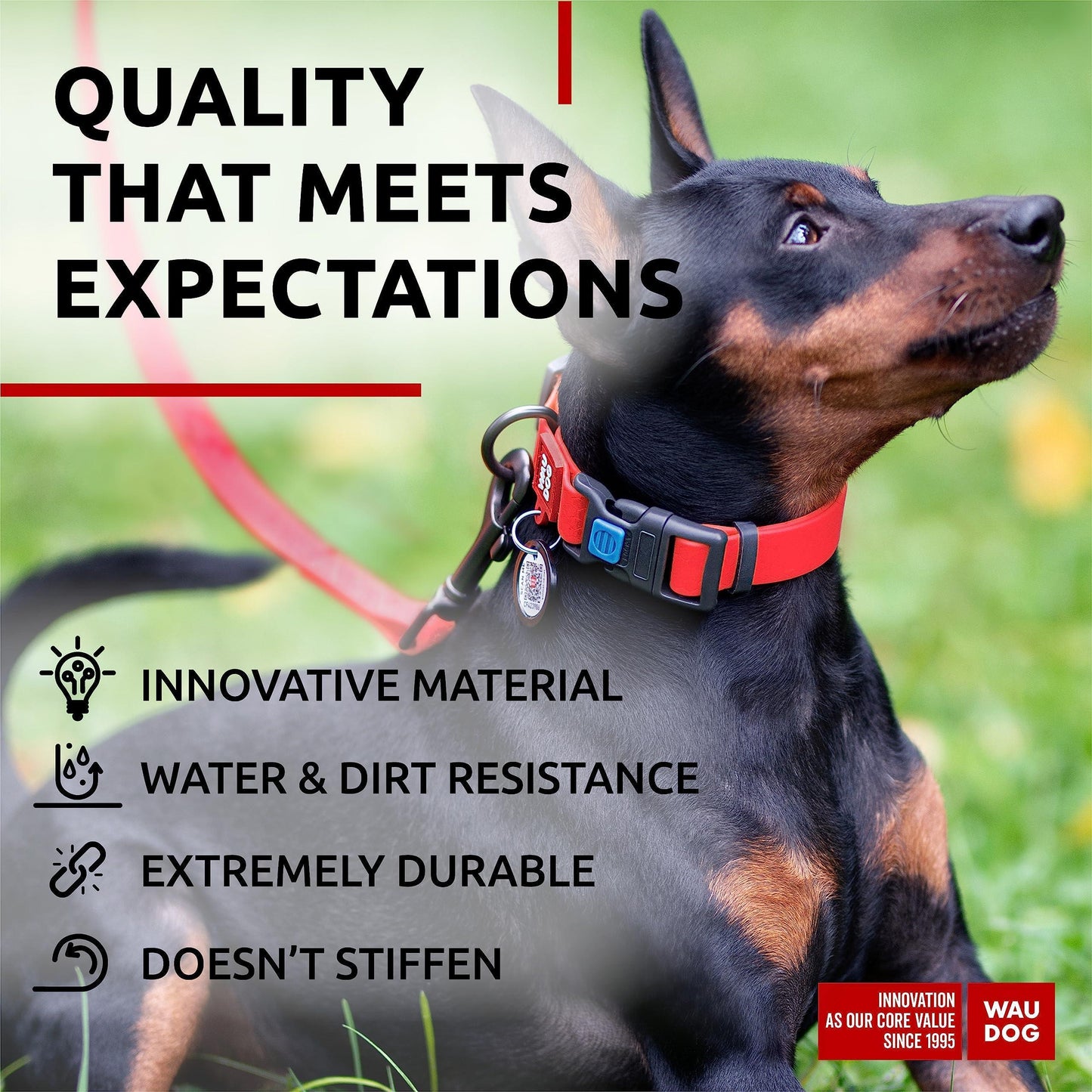 WAUDOG Adjustable Waterproof  Dog Collar with Plastic Buckle and QR Dog Tag RED SMALL For Pet With Love