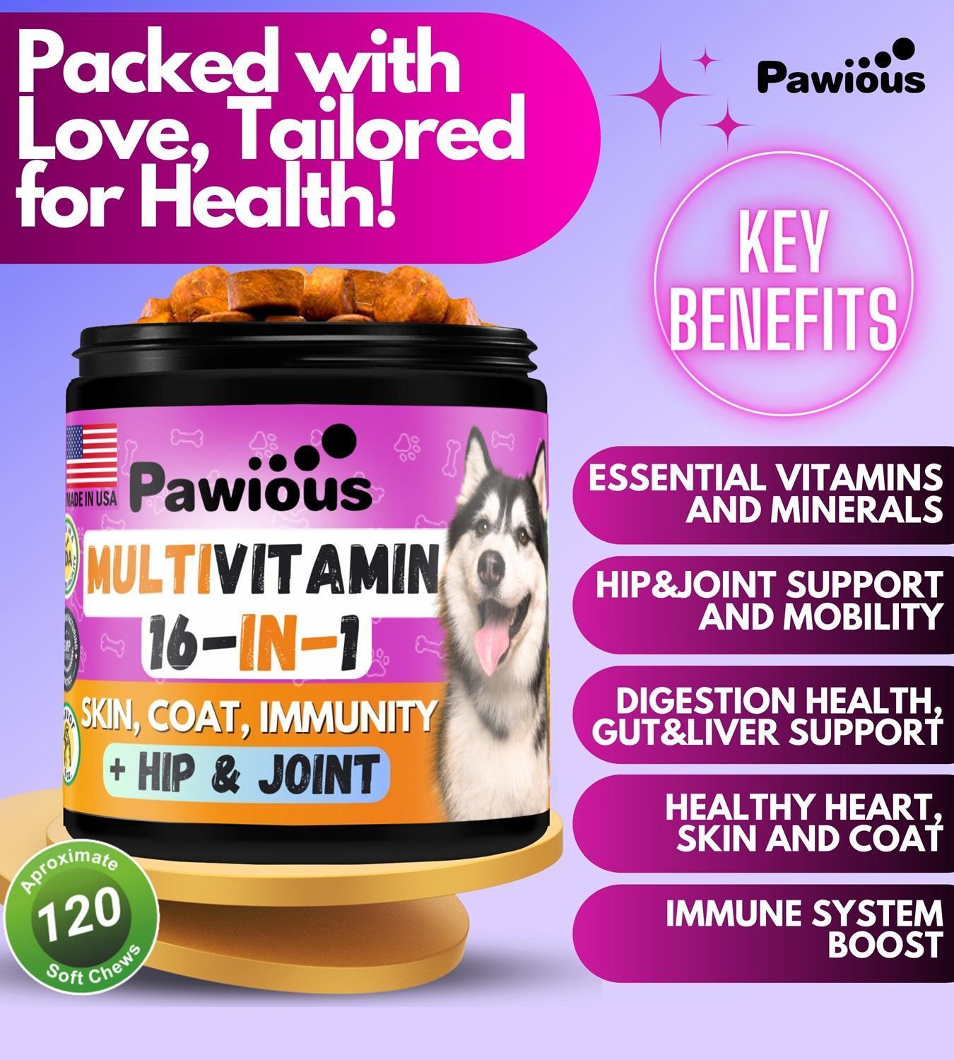 PAWIOUS Dog Multivitamin Chewable Supplement with Glucosamine 16in1 (120 Chews) For Pet With Love