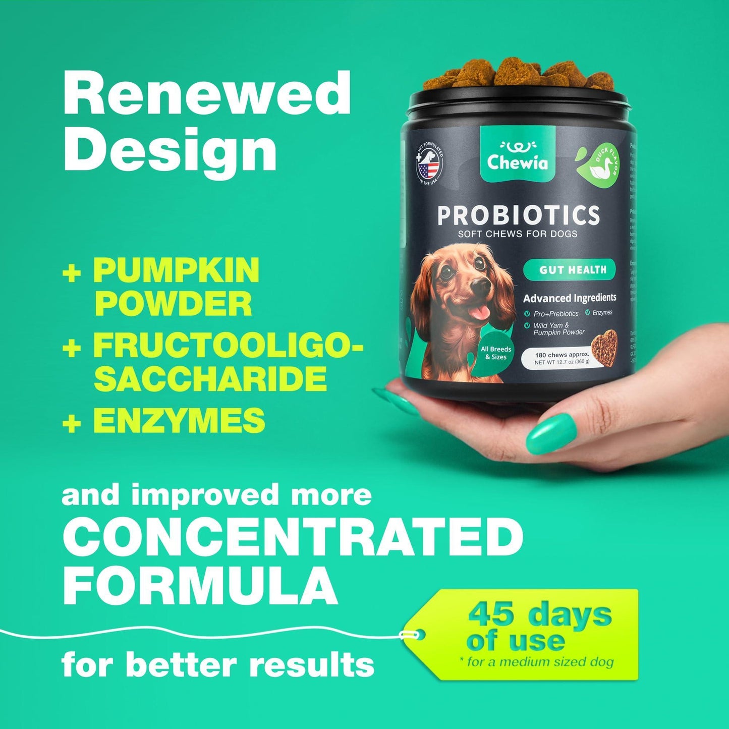 CHEWIA Dog Probiotic Chews with Digestive Enzymes, Pumpkin and Yeast Powder for Gut Health, Digestion Immunity, Yeast Balance, Itchy Skin Allergies Support. 180 Chews. For Pet With Love