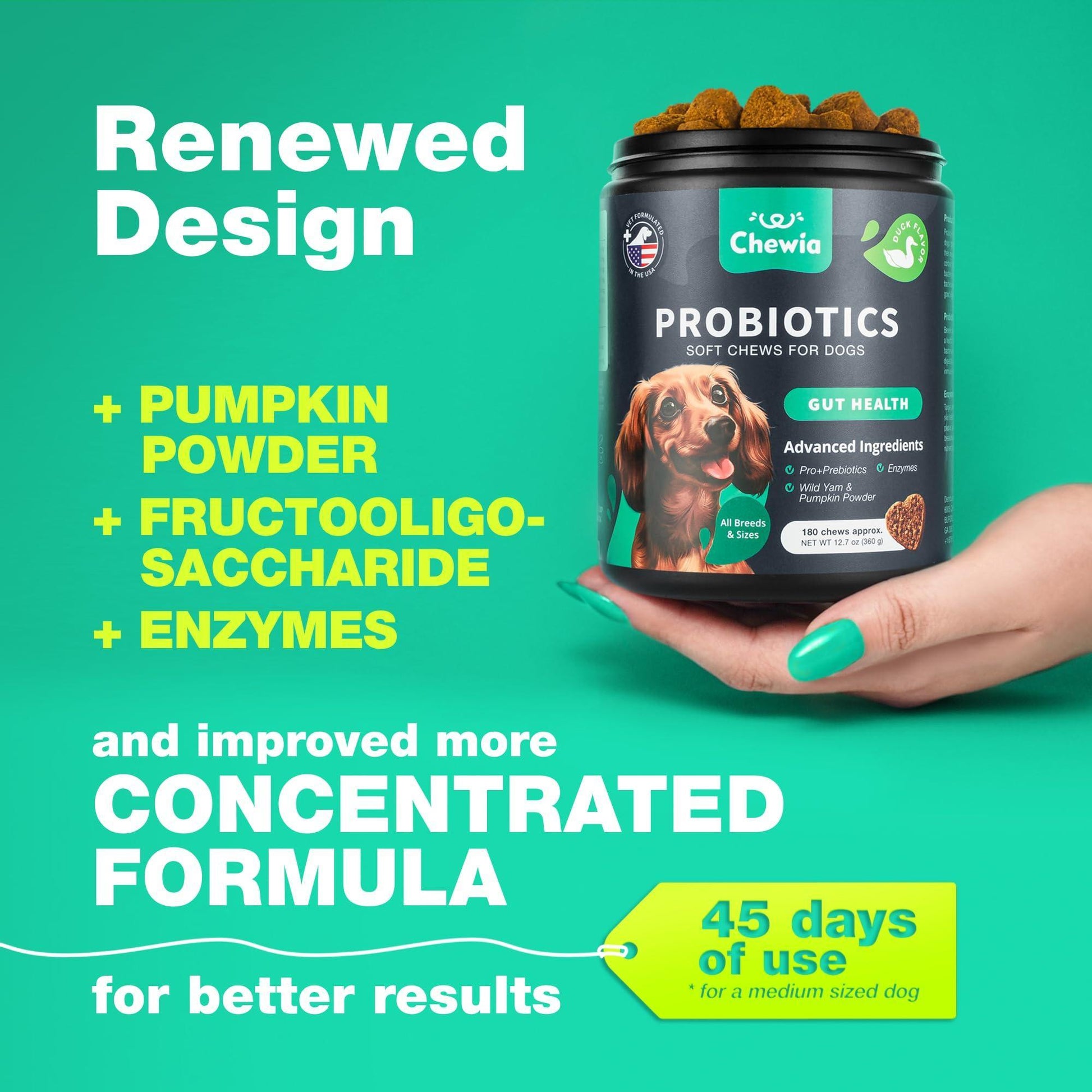 CHEWIA Dog Probiotic Chews with Digestive Enzymes, Pumpkin and Yeast Powder for Gut Health, Digestion Immunity, Yeast Balance, Itchy Skin Allergies Support. 180 Chews. For Pet With Love
