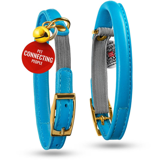 WAUDOG Ultra Soft Rolled Leather Cat Collar with Removable Bell Safety Elastic Strap and QR ID Tag. Blue. (SMALL) For Pet With Love