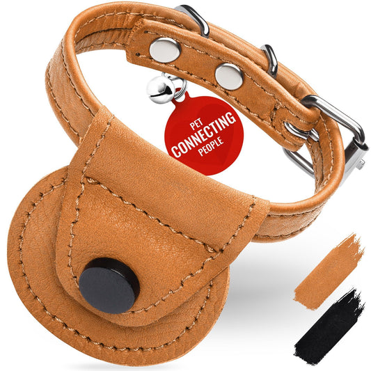 WAUDOG Leather Adjustable  Cat Collar with Airtag Holder and Removable Bell (Brown. Small) For Pet With Love