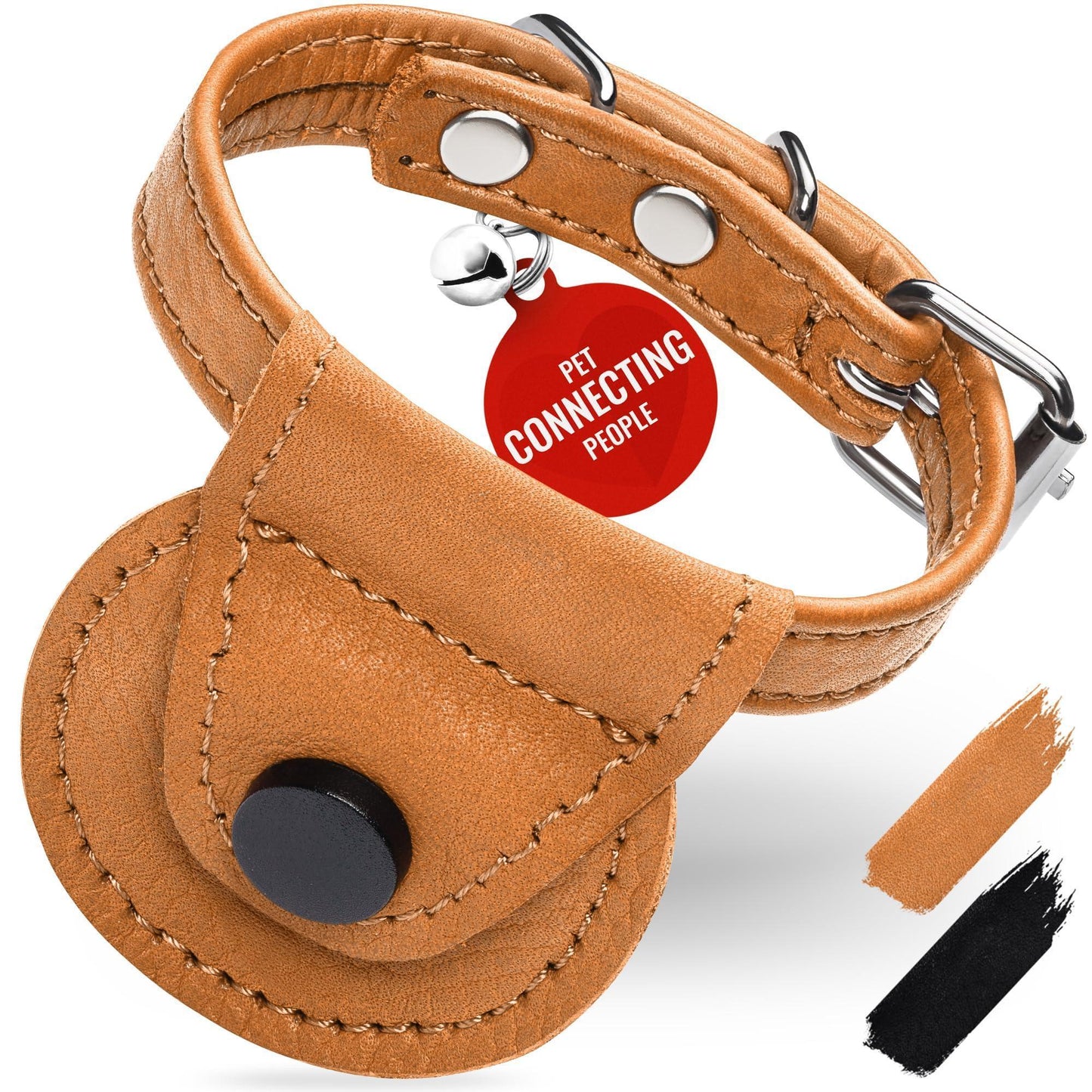 WAUDOG Leather Adjustable  Cat Collar with Airtag Holder and Removable Bell (Brown. Medium) For Pet With Love