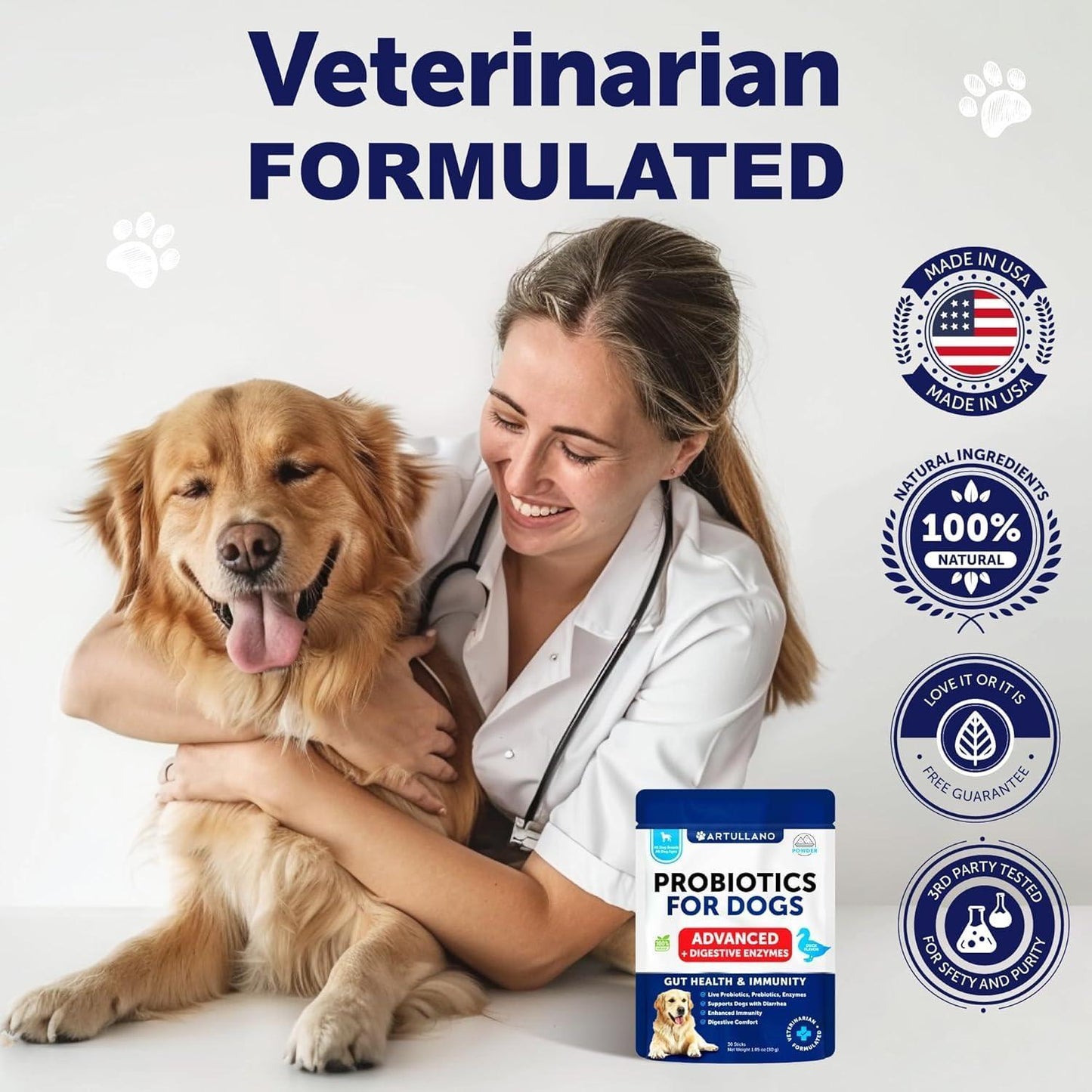 Artullano Probiotics and Digestive Enzymes with Prebiotics for Dogs 30 Powder Sticks For Pet With Love
