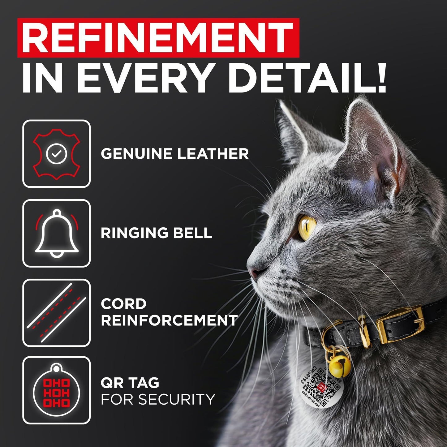 WAUDOG Leather Cat Collar with Removable Bell and QR ID Tag. BLACK. MEDIUM For Pet With Love