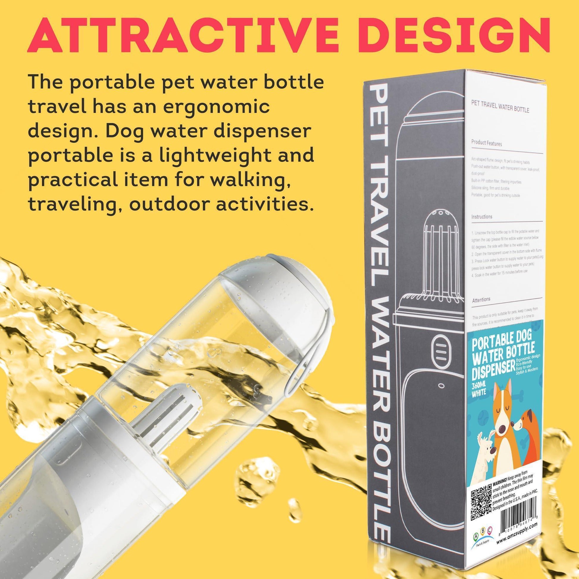 Portable DogTravel Water Bottle with Silicone Strap & Cotton Filter. 12 Oz. For Pet With Love