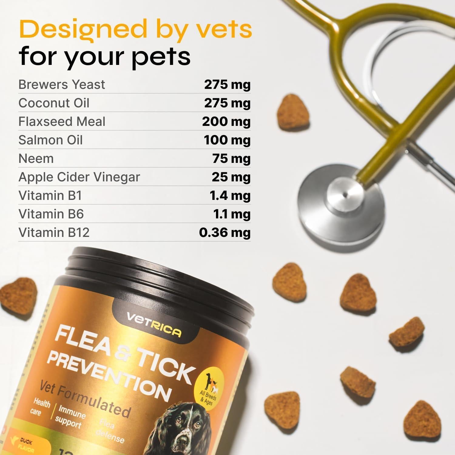 VETRICA Flea and Tick Prevention Treatment Immune Support for Dogs. All Breeds & Ages. Vet Formulated. (130 Soft Treats. Duck Flavor) For Pet With Love