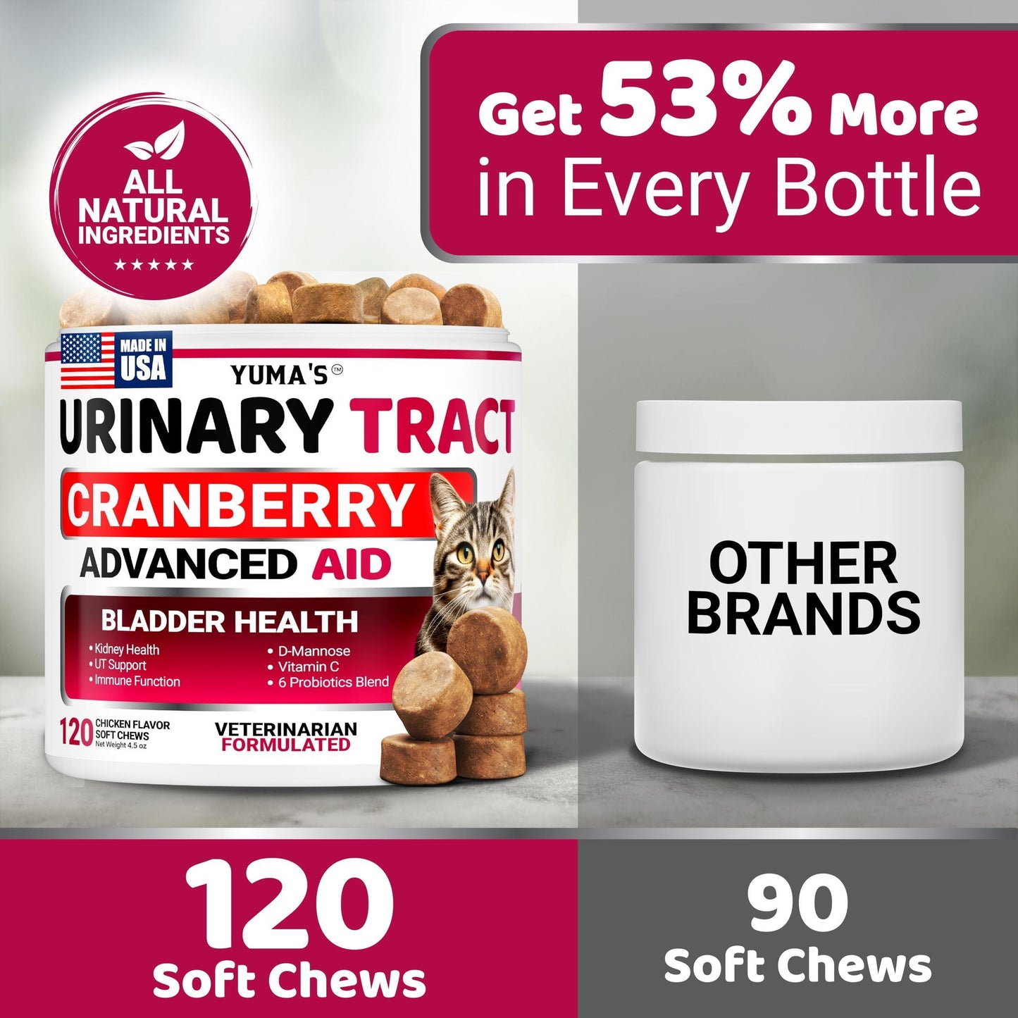 YUMA'S Cat Urinary Tract Infection Multivitamin Treatment and Supplement. 120 Chews For Pet With Love