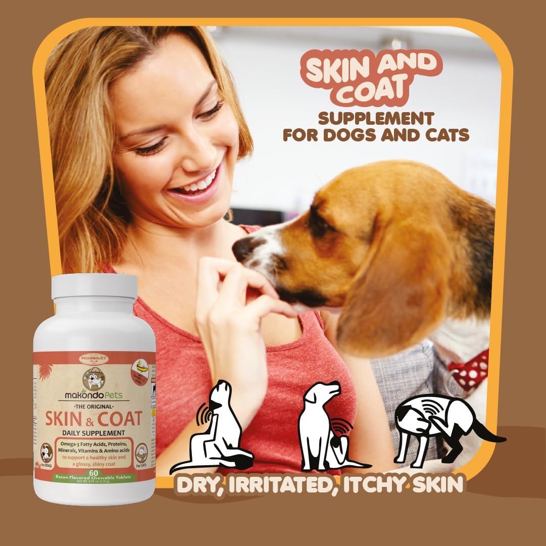 Makondo Pets Skin & Coat Supplement w/Fish Oil and Omega 3 for Dogs & Cats 60 Ct For Pet With Love