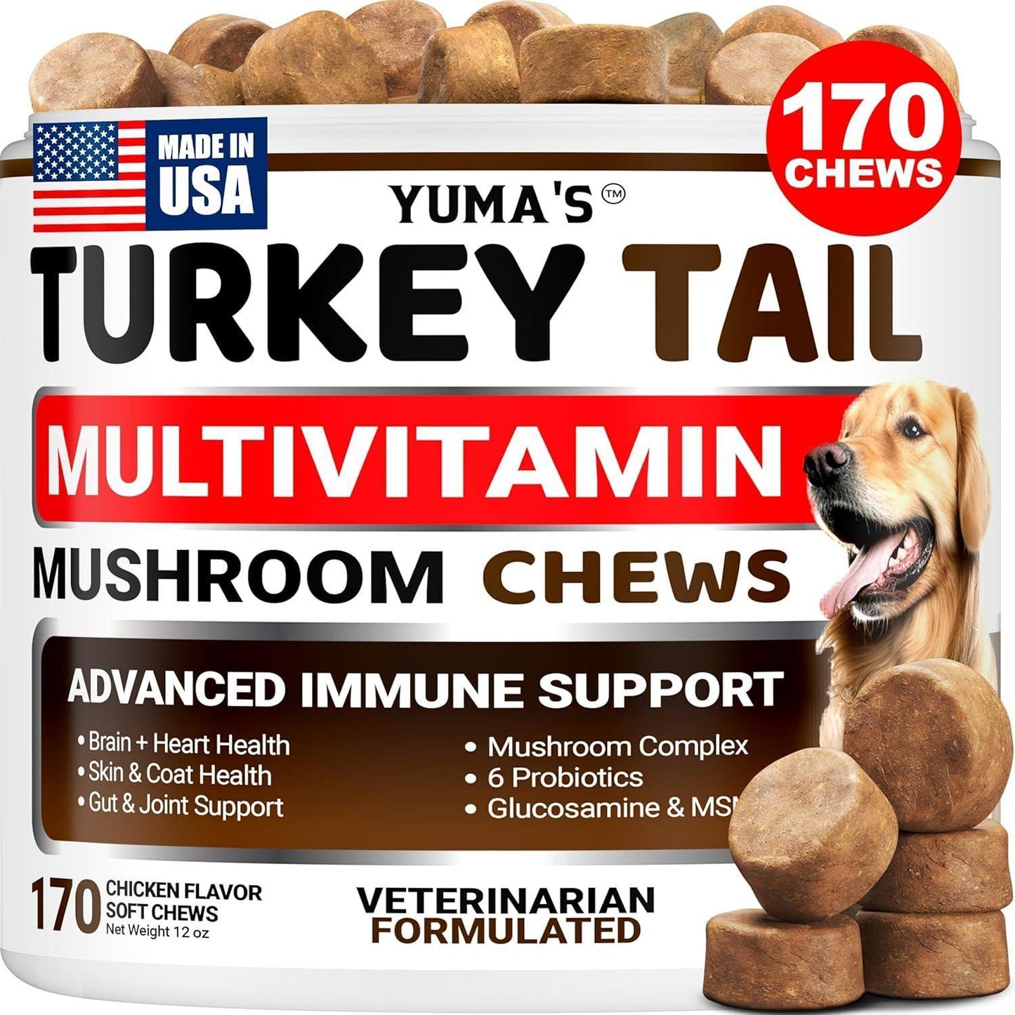 YUMA'S Turkey Tail Mushroom Dog Vitamins and Supplements for Dogs. 170 Chews For Pet With Love