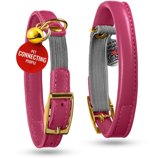 WAUDOG Ultra Soft Rolled Leather Cat Collar with Removable Bell Safety Elastic Strap and QR ID Tag. Pink. (MEDIUM) For Pet With Love