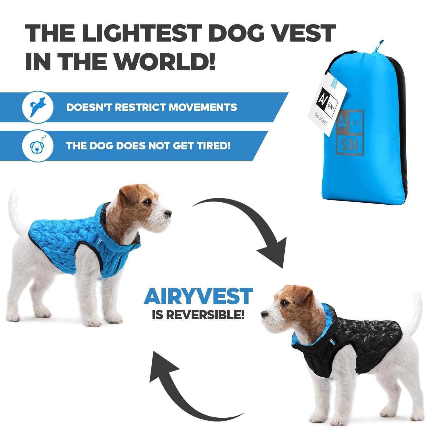 AiryVest Lightweight Reversible Water Resistant Puffer Dog Jacket - XS28 - Blue/Black For Pet With Love