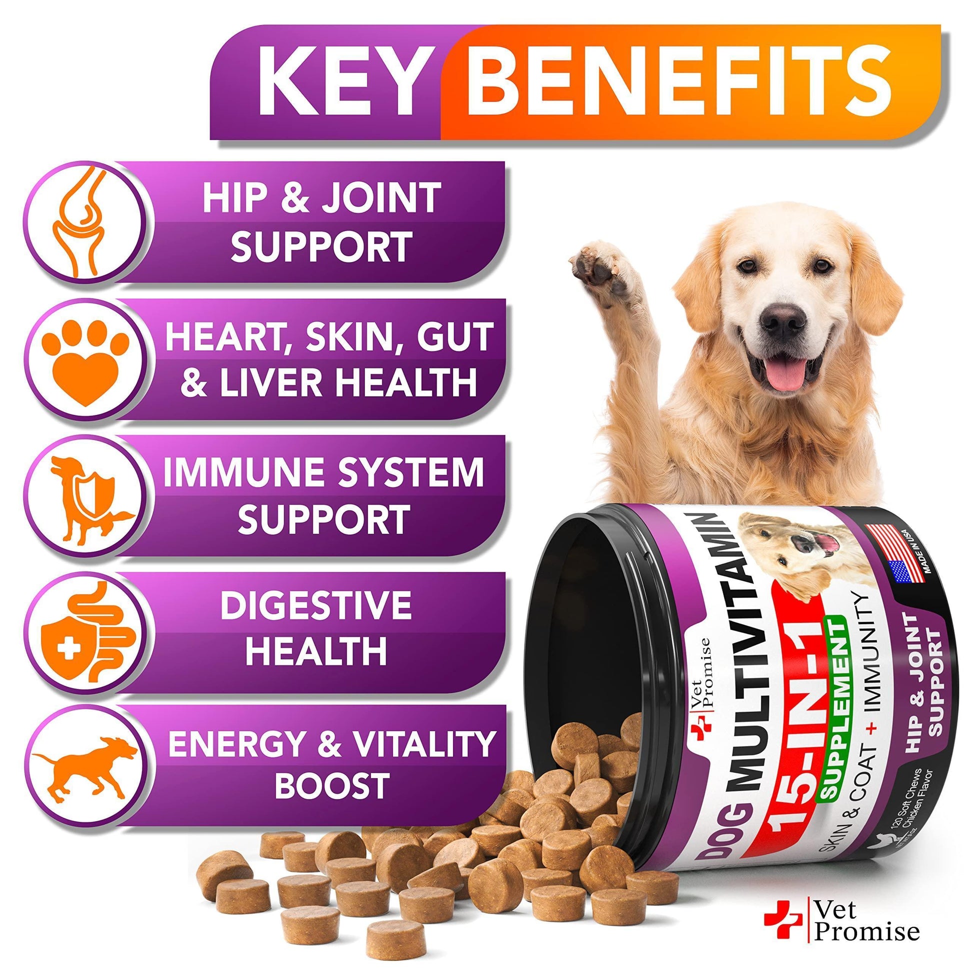 Vet Promise 15IN1 Multivitamin Supplement Complex for Dogs with Glucosamine. Joint Support, Immunity, Mobility, Energy, Gut, Skin Health Support. (120 Chews. Chicken Flavor) For Pet With Love