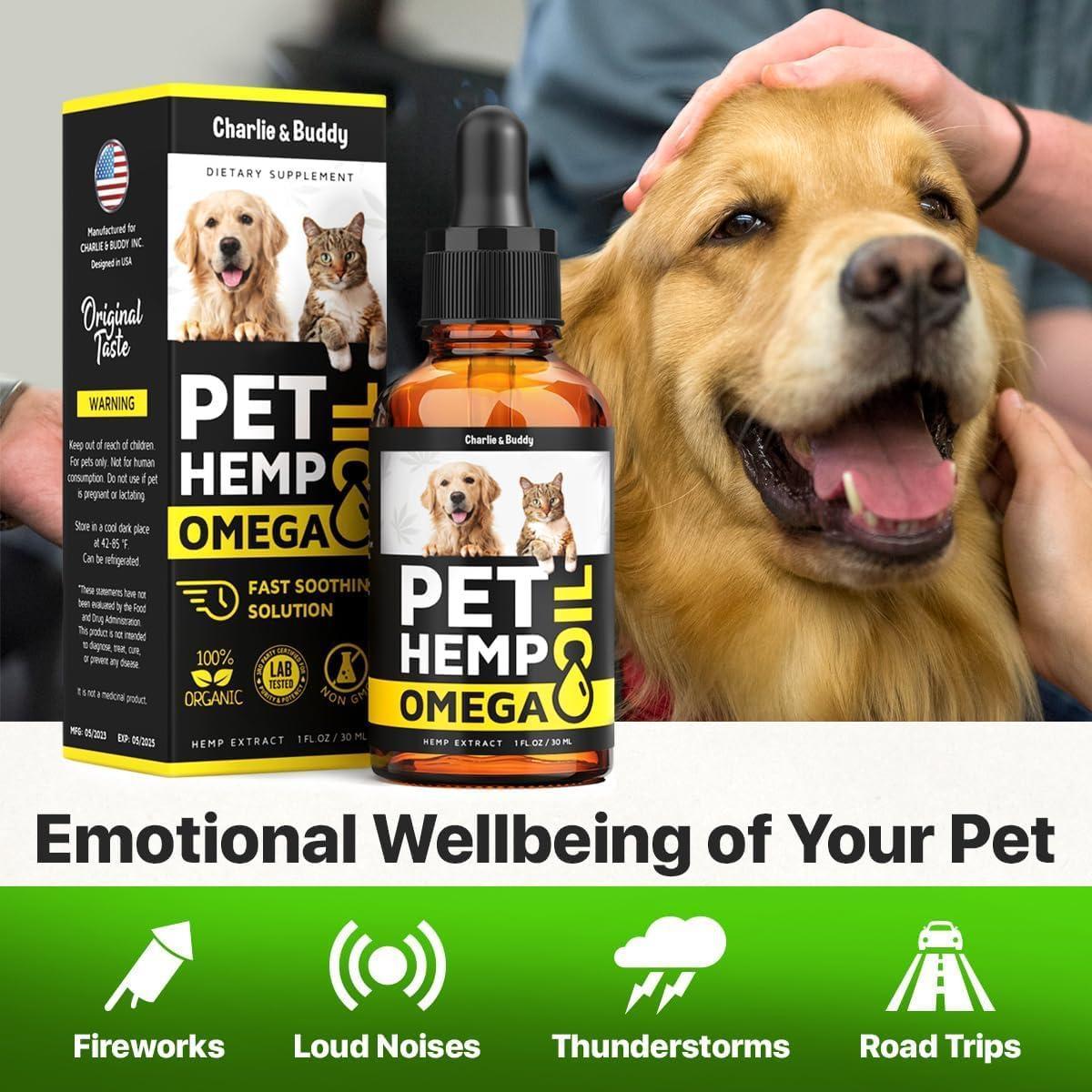Charlie & Buddy Pet Hemp Oil for Dogs and Cats. Rich in Vitamins B and E. Pet Fish & Hemp Oil for Anxiety and Stress Relief For Pet With Love