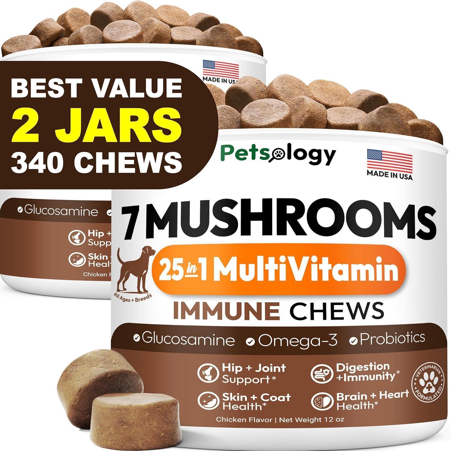 PETSOLOGY Turkey Tail Mushroom and Multivitamin Supplement for Dogs with Glucosamine. 2Pack. 340 Chews. For Pet With Love