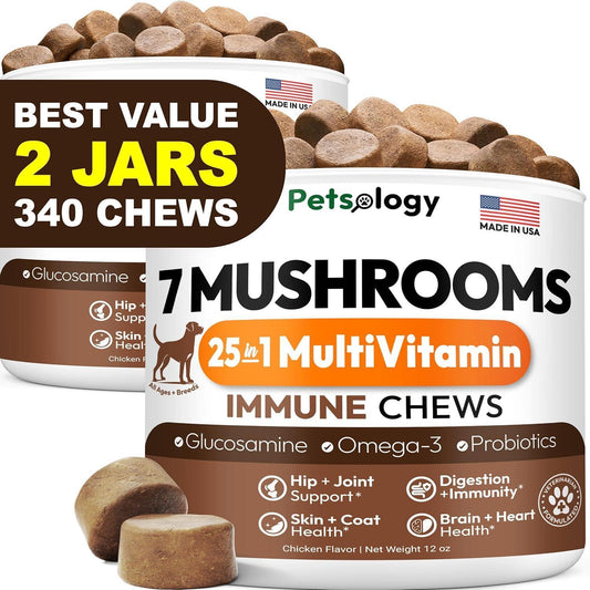 PETSOLOGY Turkey Tail Mushroom and Multivitamin Supplement for Dogs with Glucosamine. 2Pack. 340 Chews. For Pet With Love