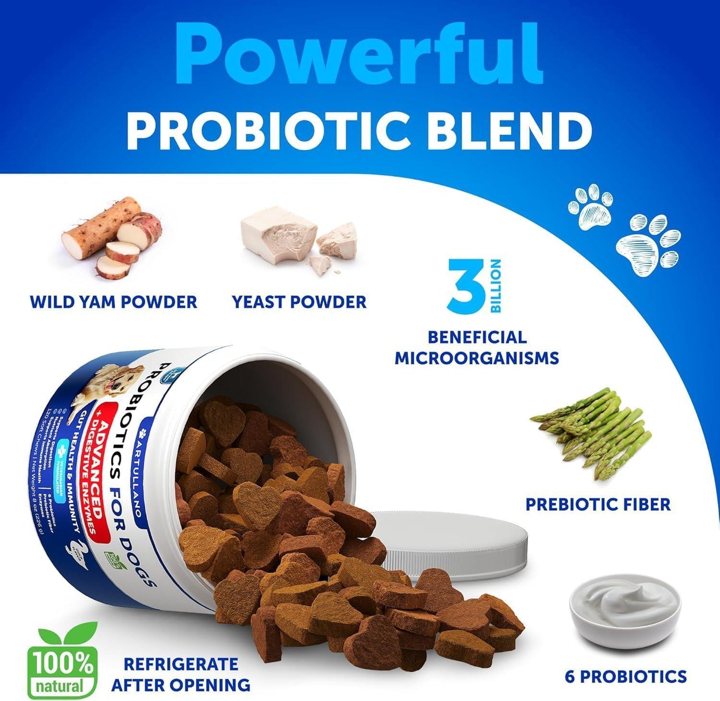 Artullano Dog Probiotics and Digestive Enzymes with Prebiotics (120 Chews) For Pet With Love