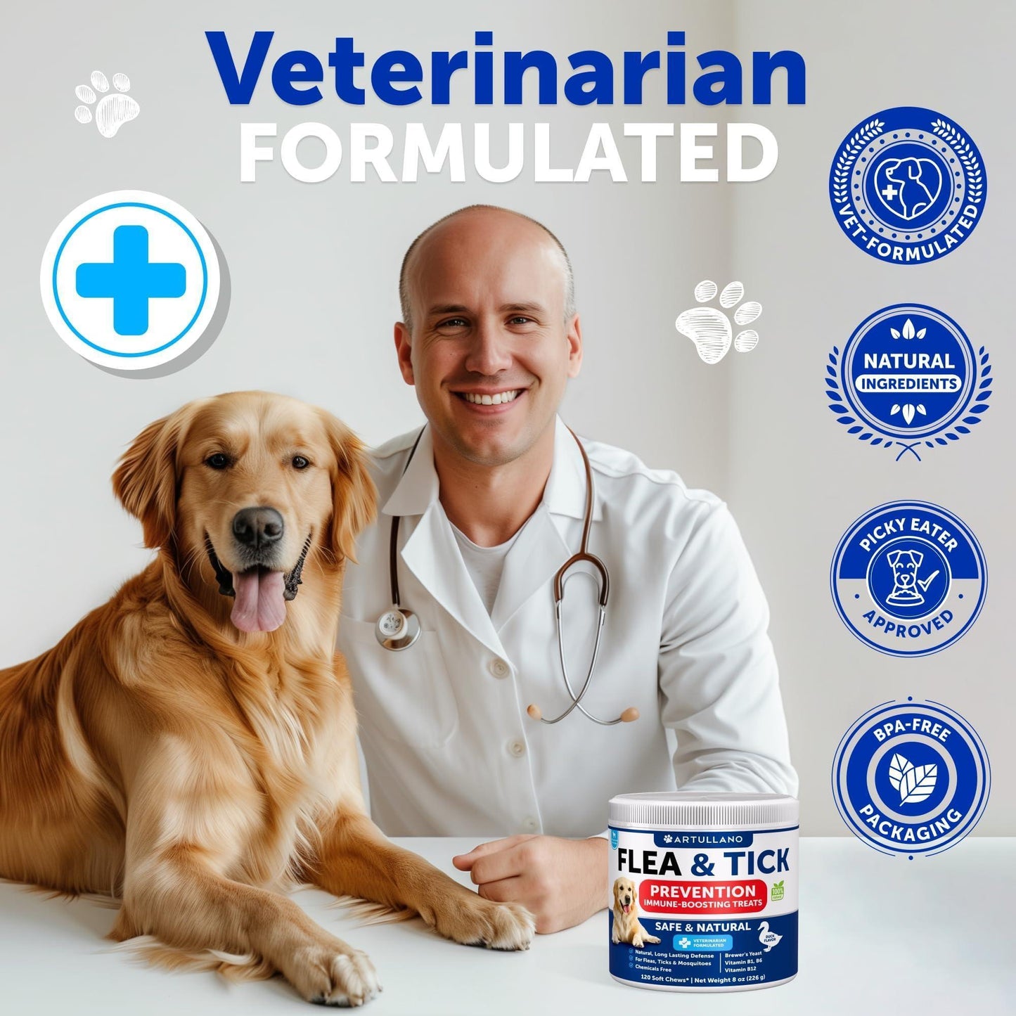 Artullano Natural Flea and Tick Supplement for Dogs. Flea and Tick Prevention Chewables with Vitamins B1, B6, B12.  Made in USA. (240 Chews. 2 Pack) For Pet With Love