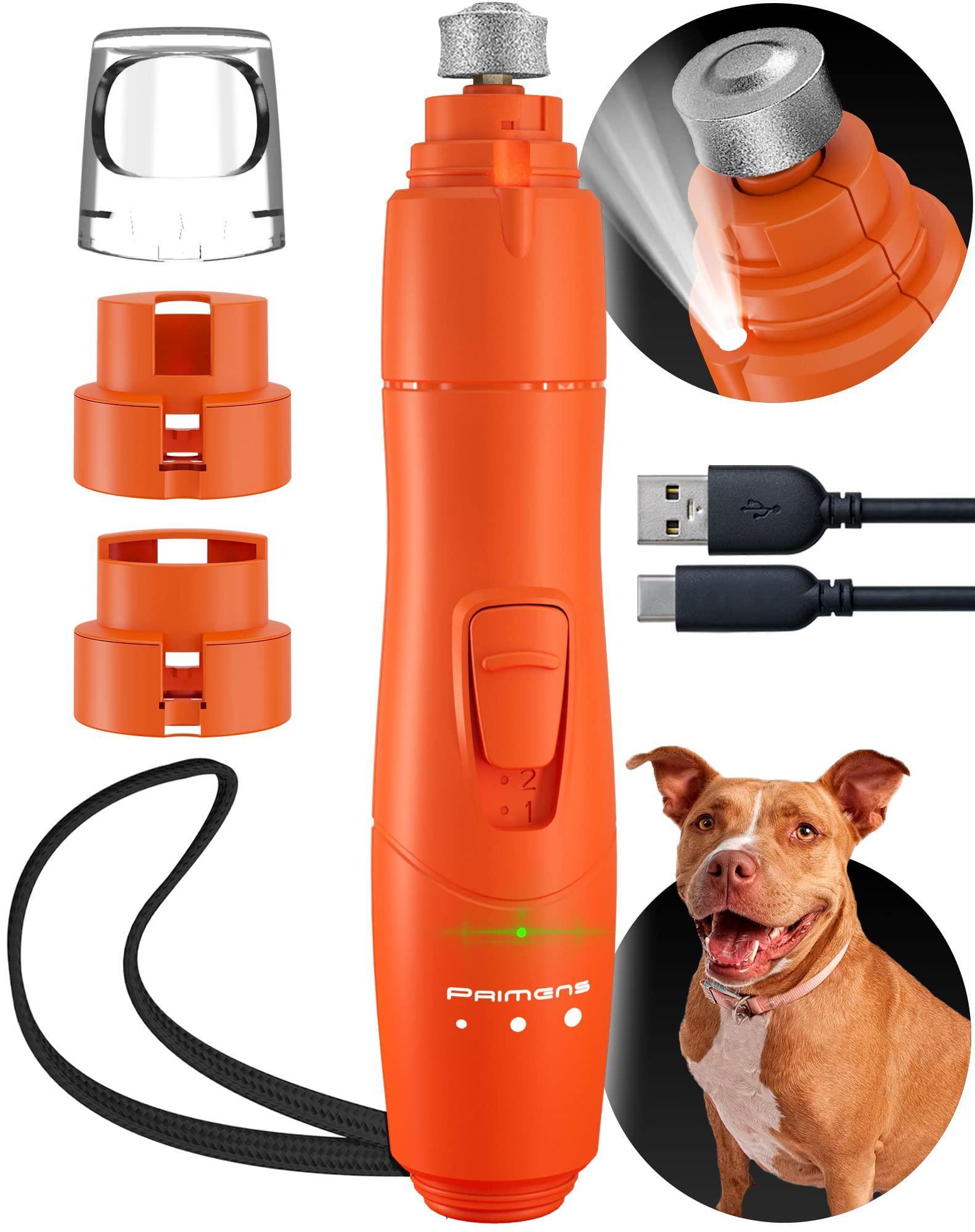 PRIMENS Rechargeable Dog Nail Grinder with LED Light (Orange) For Pet With Love