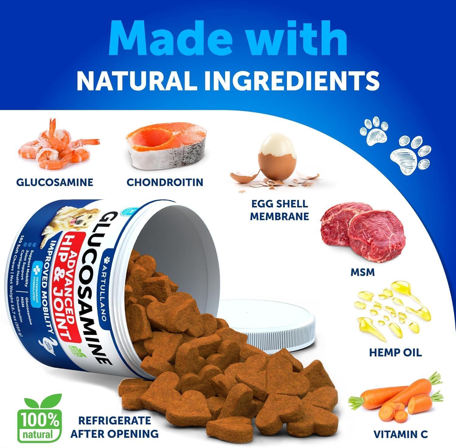 Artullano Glucosamine Hip and Joint Supplement for Dogs w/Chondroitin, Hemp Oil, MSM 180 Chews For Pet With Love