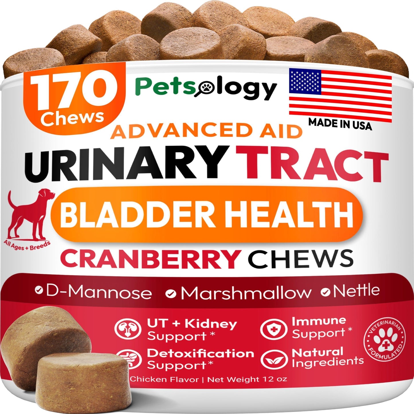 PETSOLOGY Advanced UTI Treatment Cranberry Multivitamin Supplement for Dogs. 170 Chews For Pet With Love