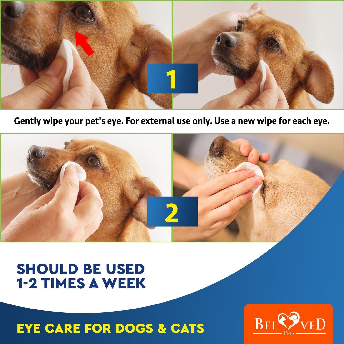 Beloved Pets Cat & Dog Eye Wash Drops & Tear Stain Remover (Eye Wipes) 120 Wipes For Pet With Love