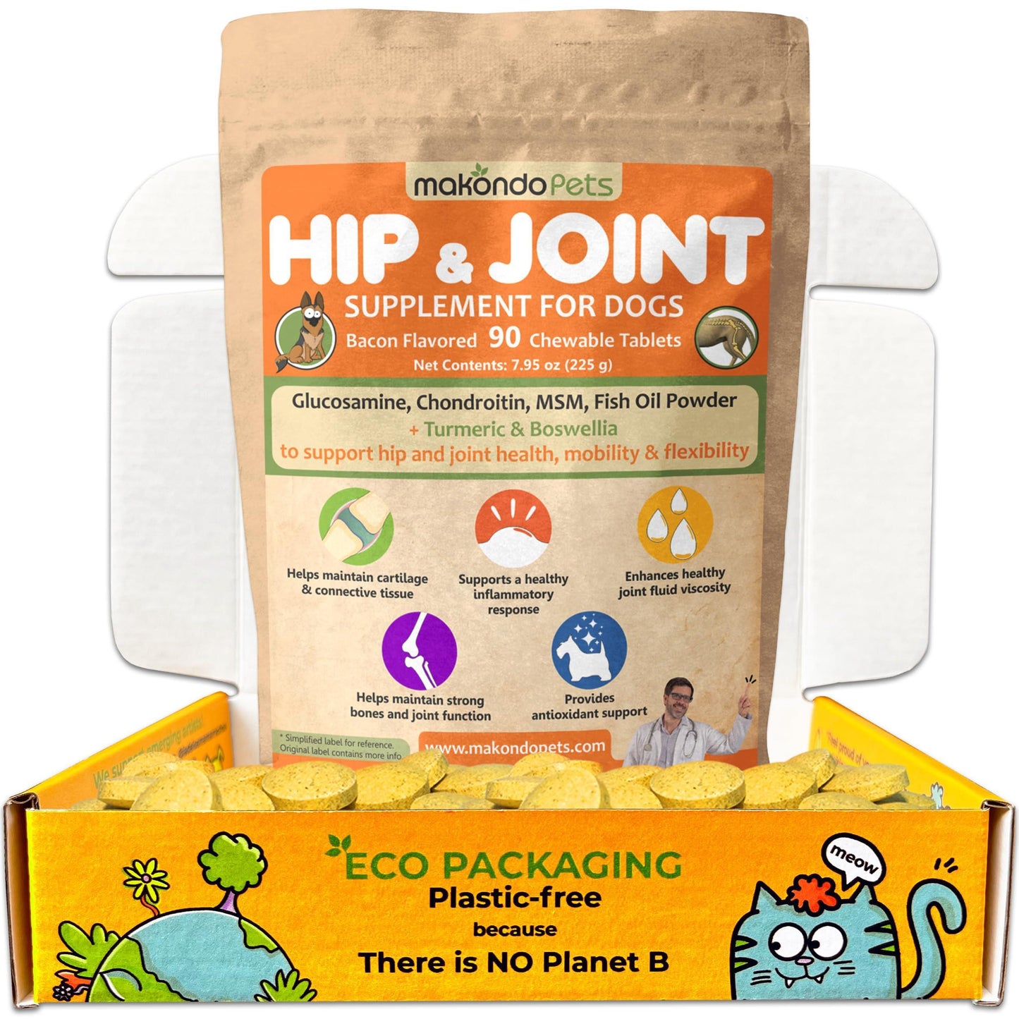 Makondo Pets Hip & Joint Mobility Support & Pain Relief Supplement for Dogs 90Ct For Pet With Love