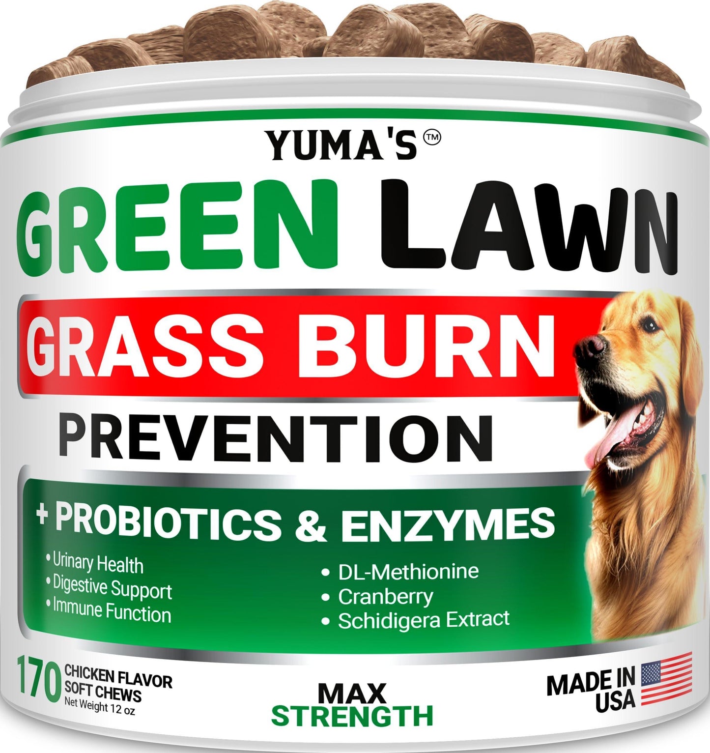 YUMA'S Green Lawn Chews for Dogs with Probiotics and Digestive Enzymes 170 Chews For Pet With Love