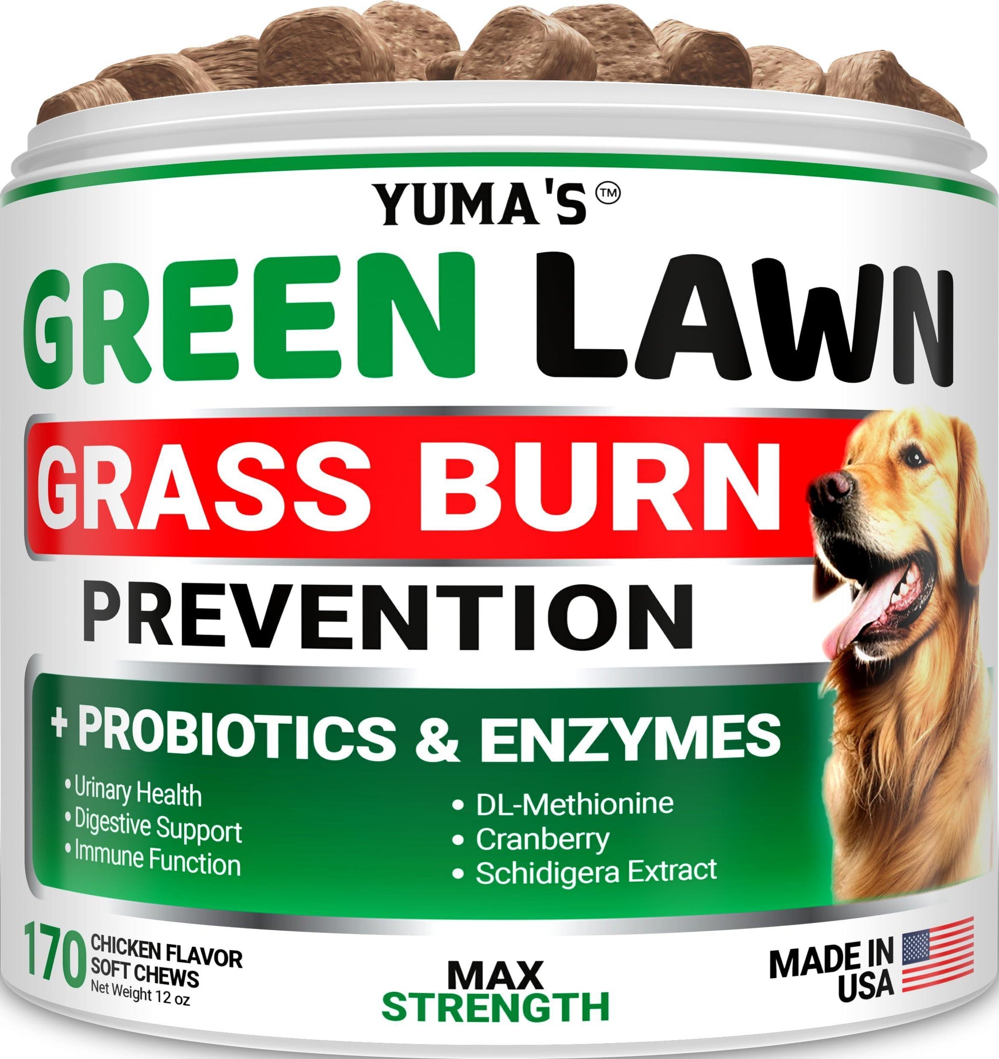 YUMA'S Green Lawn Chews for Dogs with Probiotics and Digestive Enzymes 170 Chews For Pet With Love