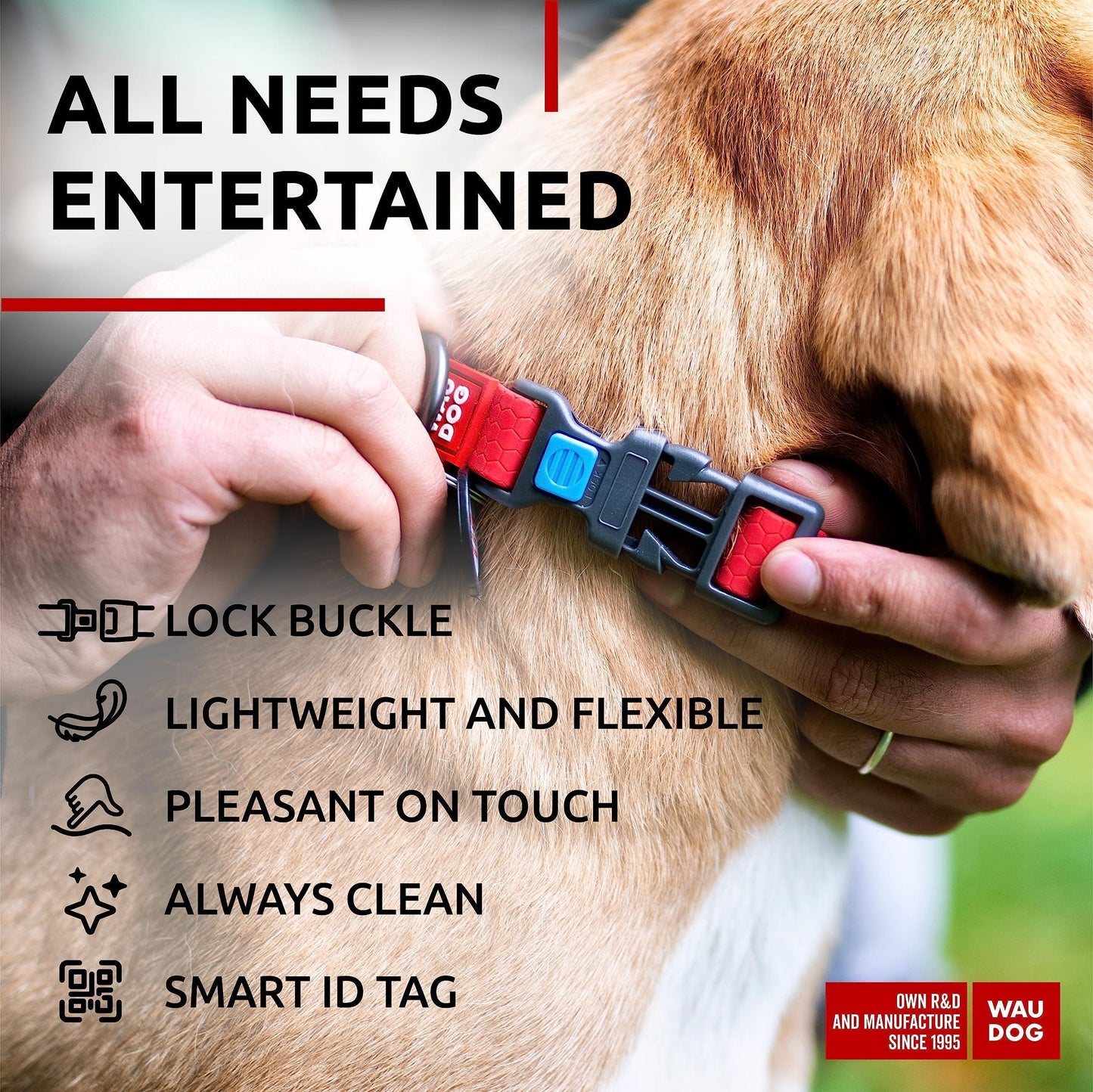 WAUDOG Adjustable Waterproof Heavy Duty Dog Collar with Durable Plastic Buckle and QR Dog Tag. MEDIUM (Red) For Pet With Love