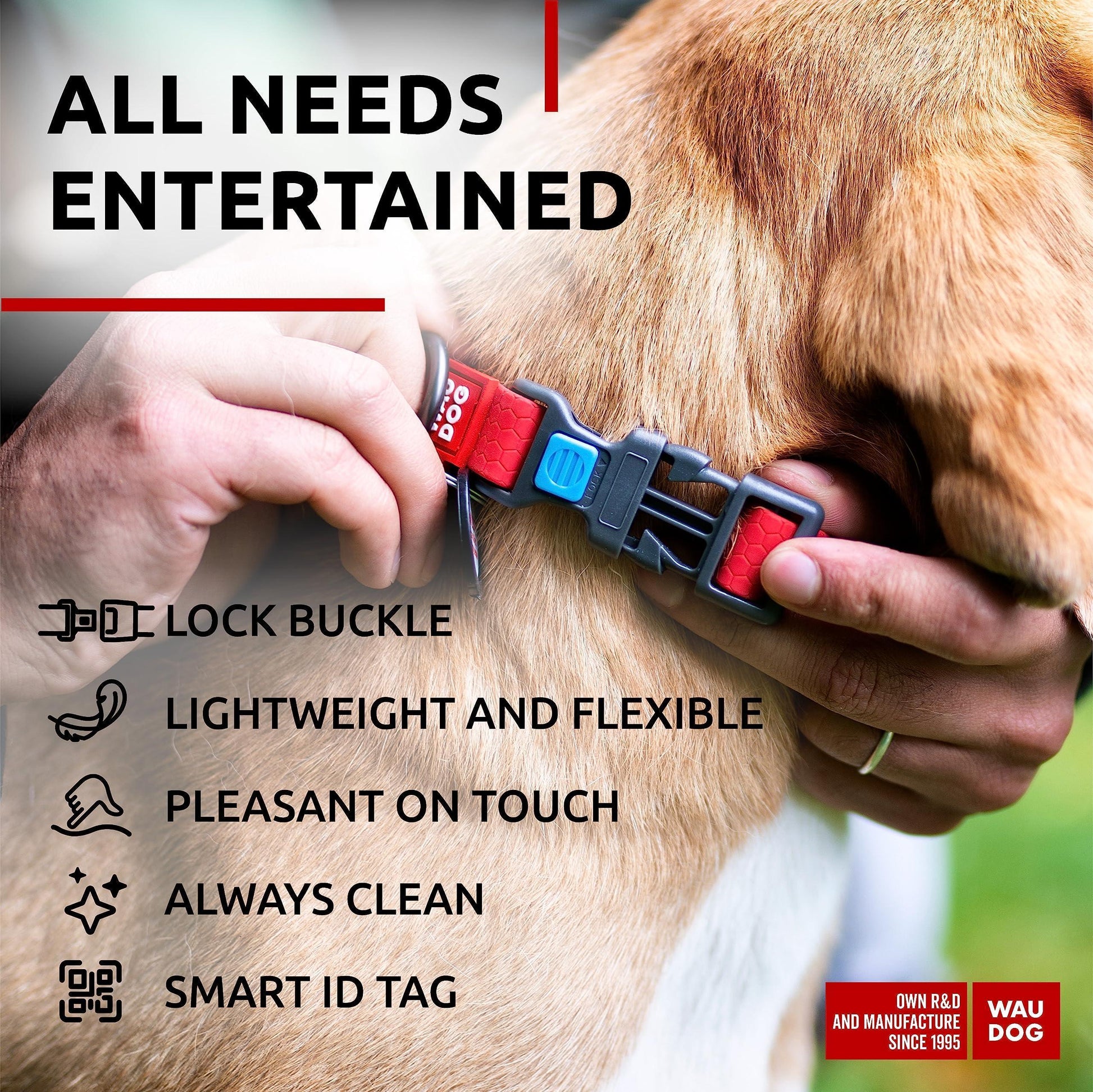 WAUDOG Adjustable Waterproof Heavy Duty Dog Collar with Durable Plastic Buckle and QR Dog Tag. MEDIUM (Red) For Pet With Love