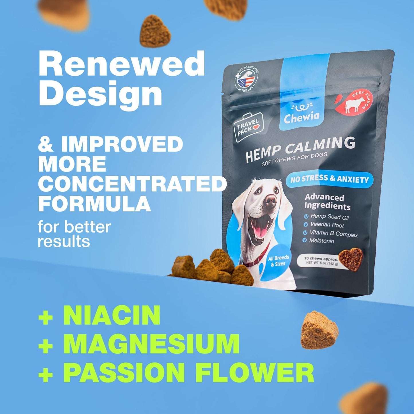 CHEWIA Hemp Calming Anxiety Support Chews for Dogs with Melatonin, Chamomile Extract, and Valerian Root. 70 Chews For Pet With Love