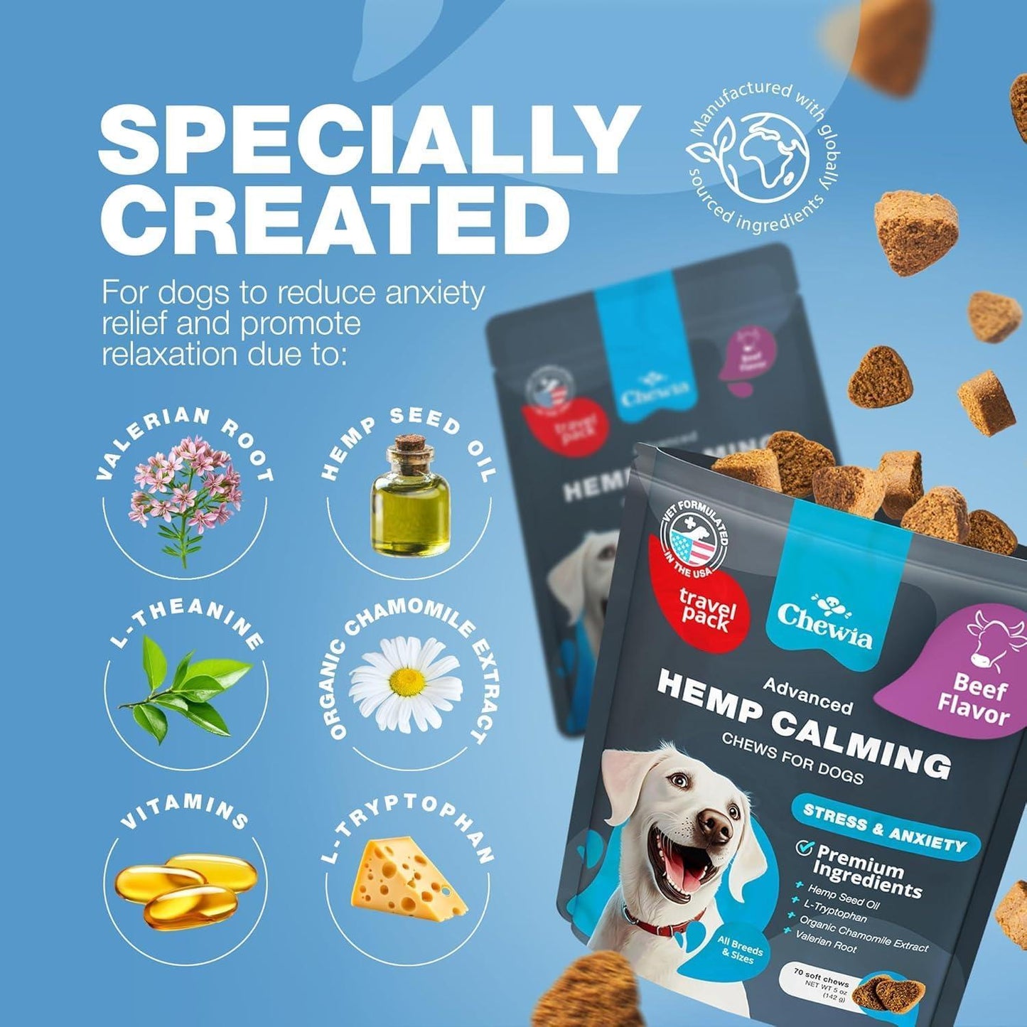 CHEWIA Hemp Calming Anxiety Relief Chews for Dogs Beef Flavor. Travel Pack 5 Oz For Pet With Love