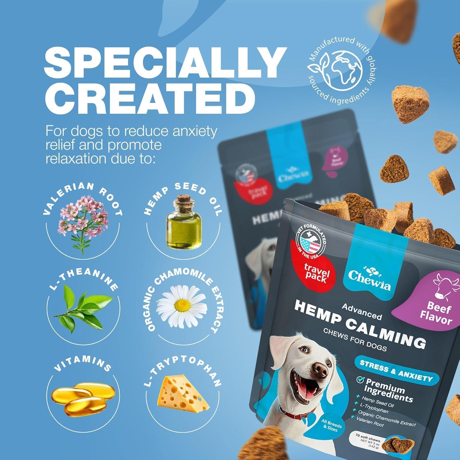 CHEWIA Hemp Calming Anxiety Relief Chews for Dogs Beef Flavor. Travel Pack 5 Oz For Pet With Love
