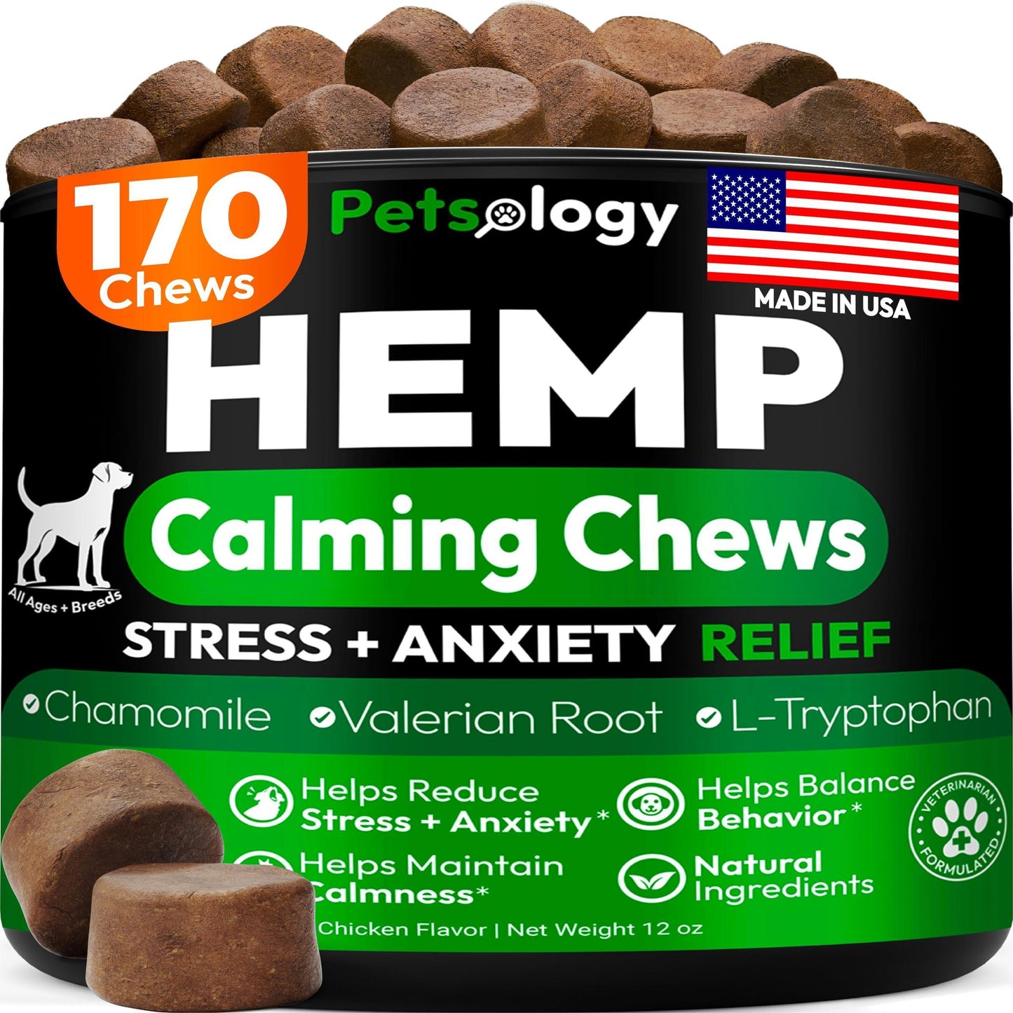 PETSOLOGY Hemp Calming Chews for Dogs. Anxiety Relief, Stress Relief, Separation Aid 170 Chews For Pet With Love